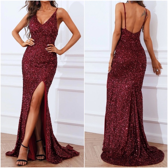 Luxe Sequin Backless Evening Prom Wedding Formal Prom Dress - Picture 5 of 6